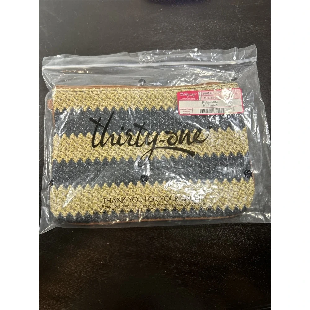 Thirty One Rubie MINI In Navy Stripe Straw Clutch Bag NWT